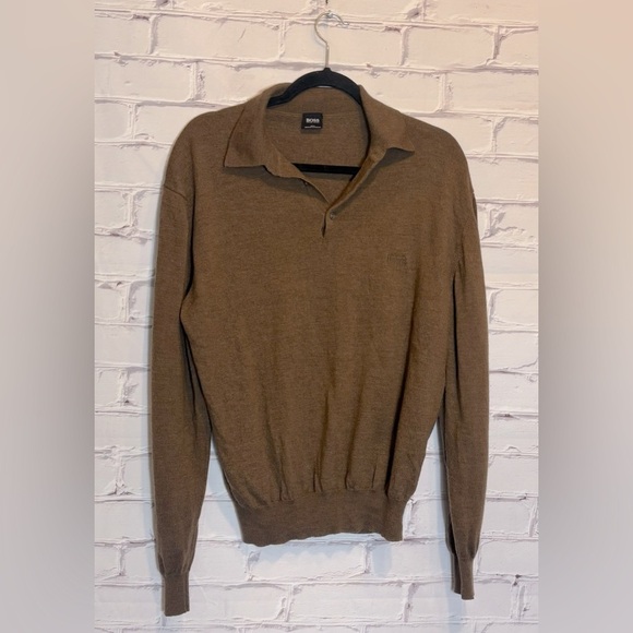 BOSS Brown Merino Wool Collared Long Sleeves Soft Minimalist Sweater - Picture 1 of 5